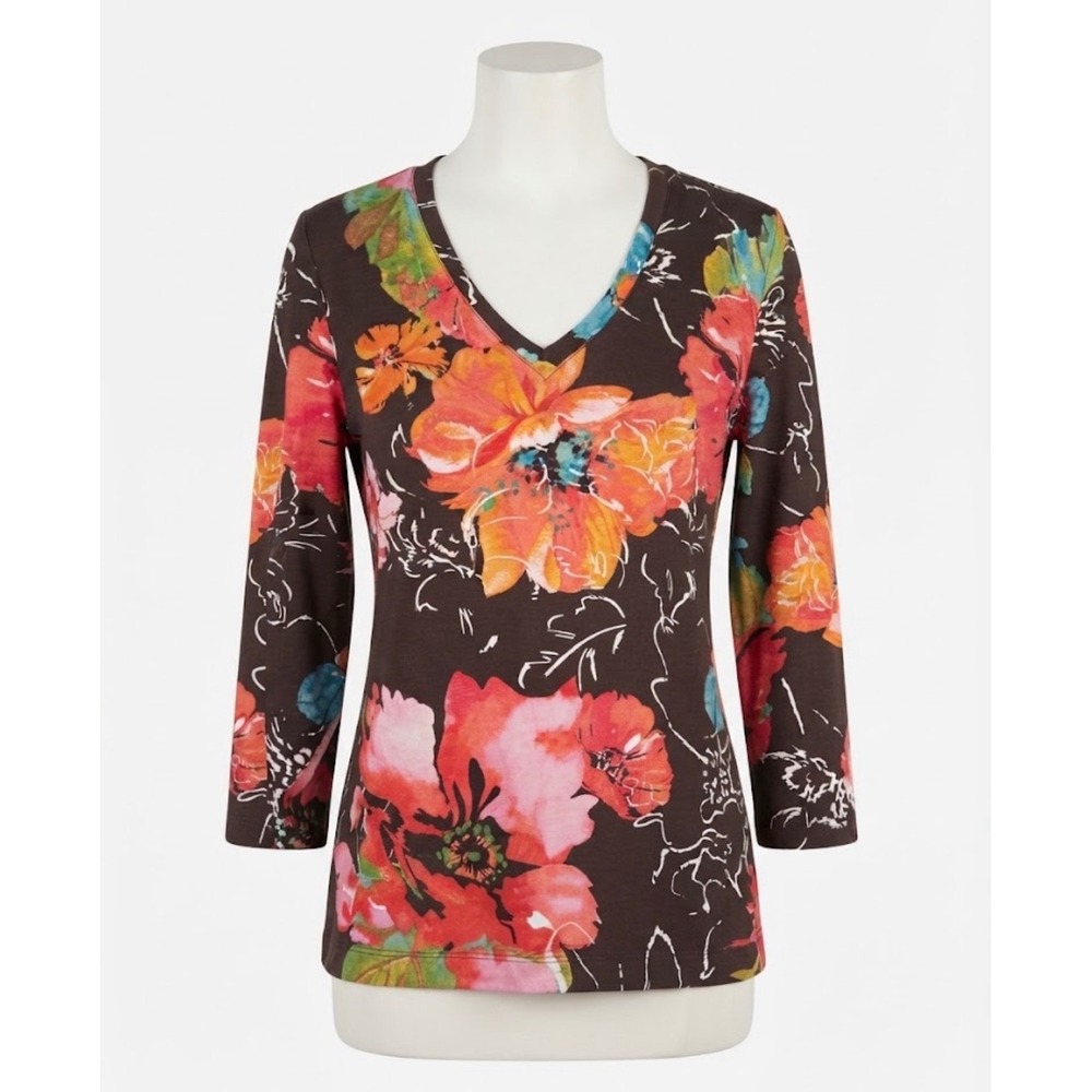 Chicos V-Neck Top Size 3 XL Brown Floral 3/4 Sleeve Rayon Blend Stretch